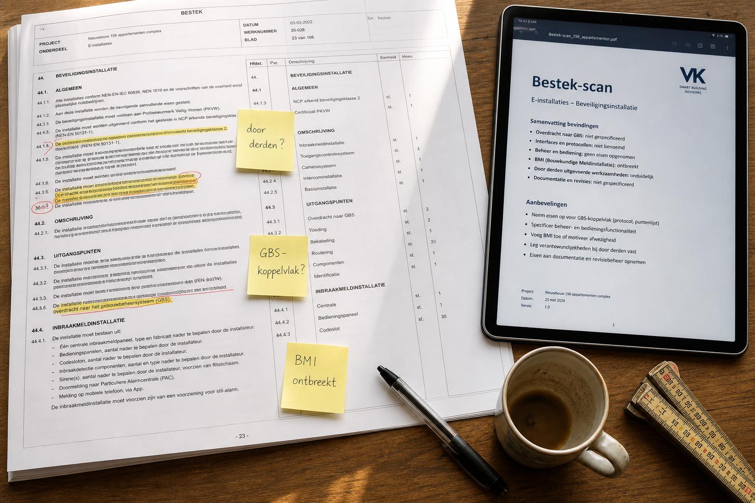 Bestek met markeringen en post-its naast een tablet die de Bestek-scan samenvatting toont